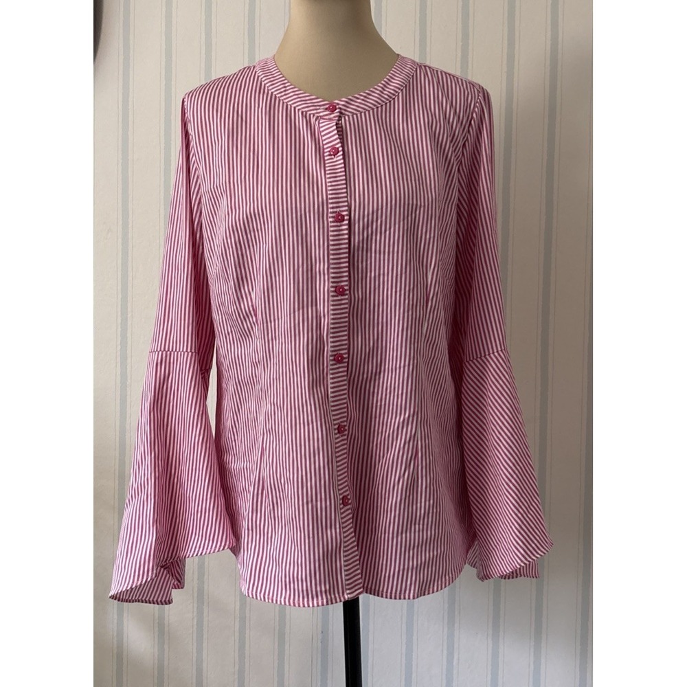 Linea Woman's 8 Pink And White Blouse Bell Sleeves Cotton Blend Hippie Boho Cute